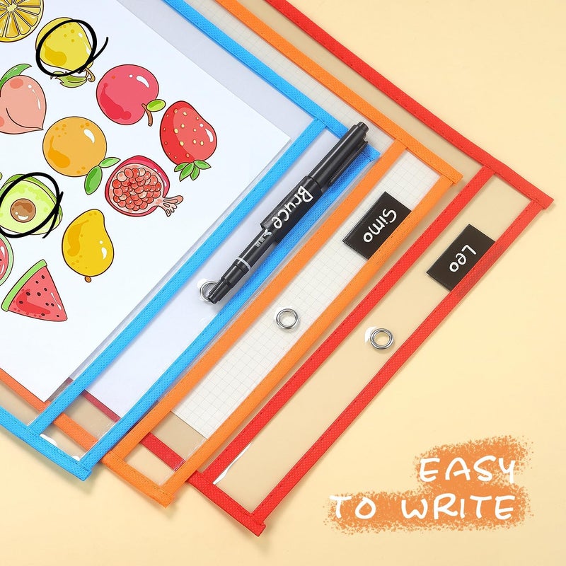 LONGKEY 20 Pack Dry Erase Pockets with Rings, 10 x 14 Inch Ticket Holders Clear Plastic Sleeves Sheet Protectors for Teacher Classroom Sleeves, 10 Assorted Colors - Image 5